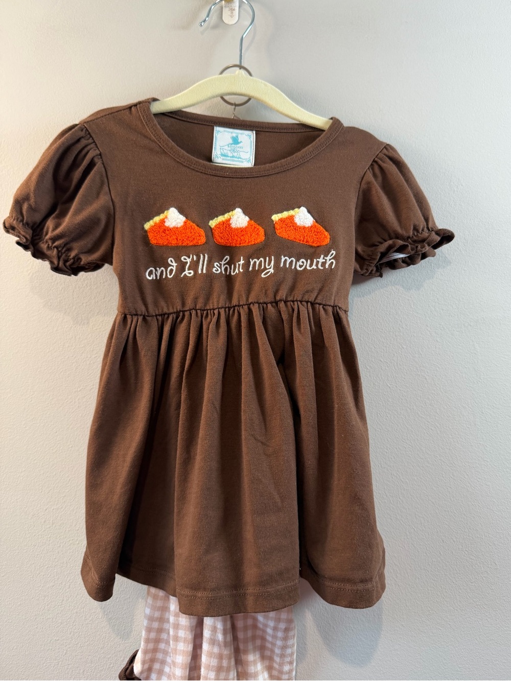 Girls' Brown Puff-Sleeve Pumpkin Pie Pants Set Embroidery French Knot Size 3T
